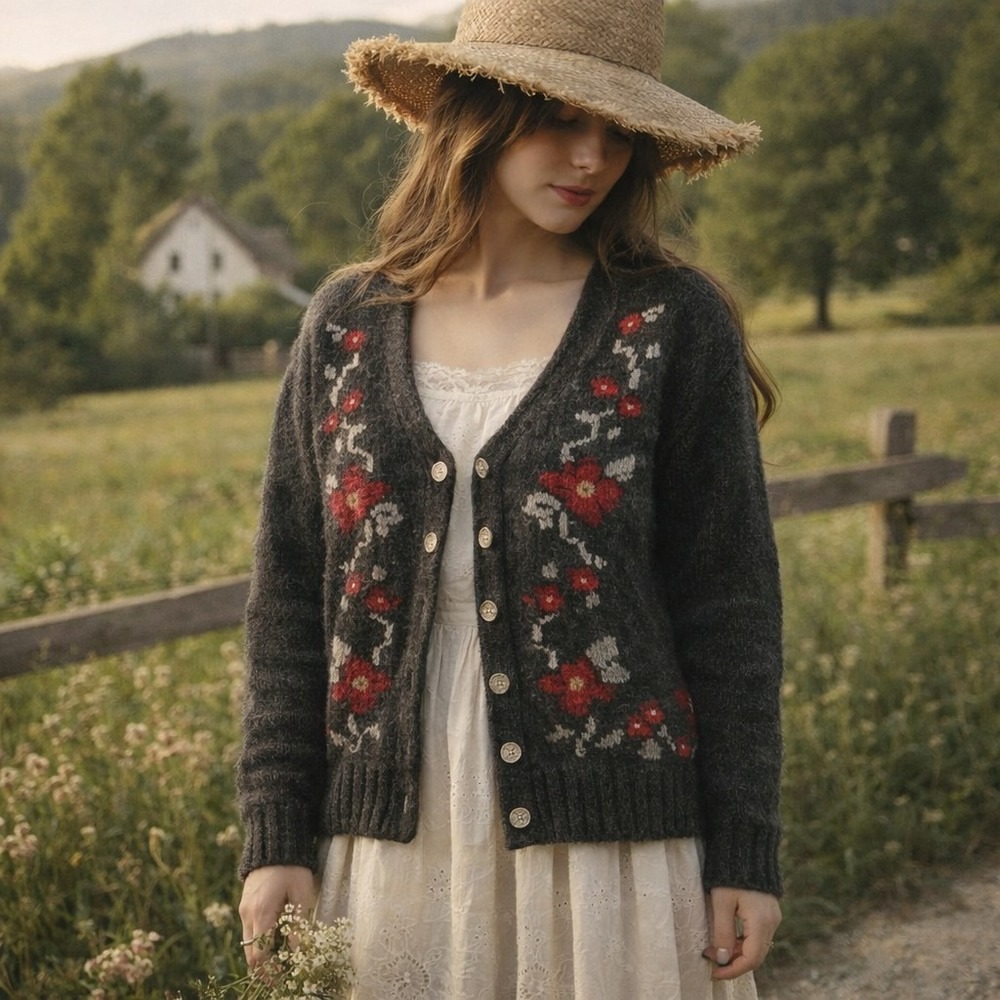 Vintage 90s Hand Embroidered Shetland Wool Cardigan Sweater L Floral Cottagecore